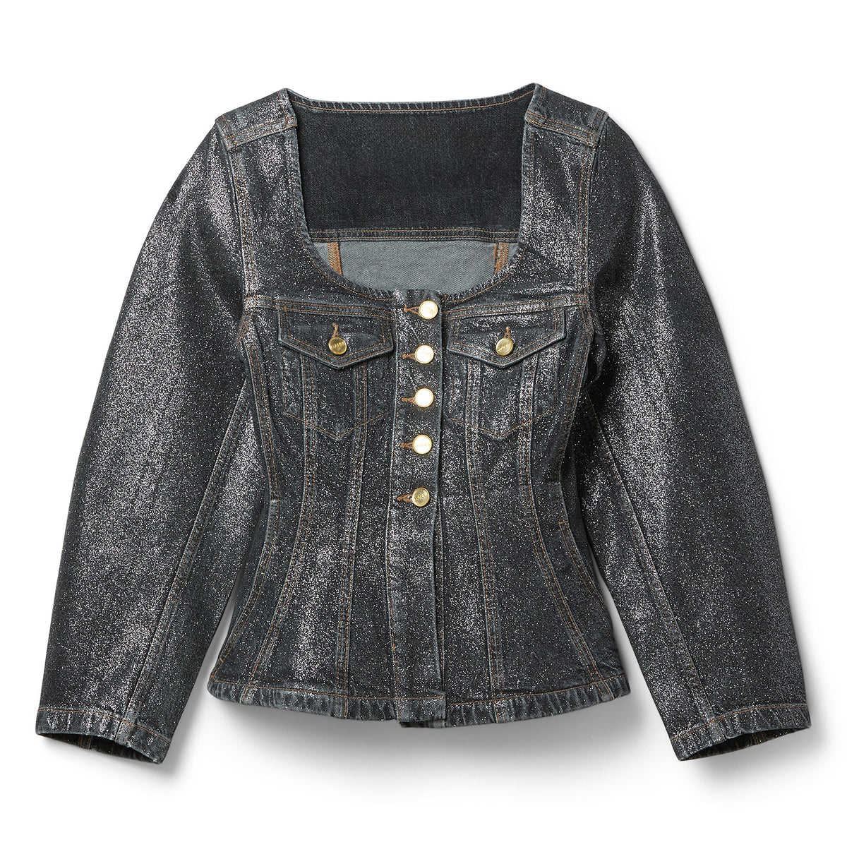 GANNI Shimmery Foil Denim Fitted Blazer (Washed Black/Black)