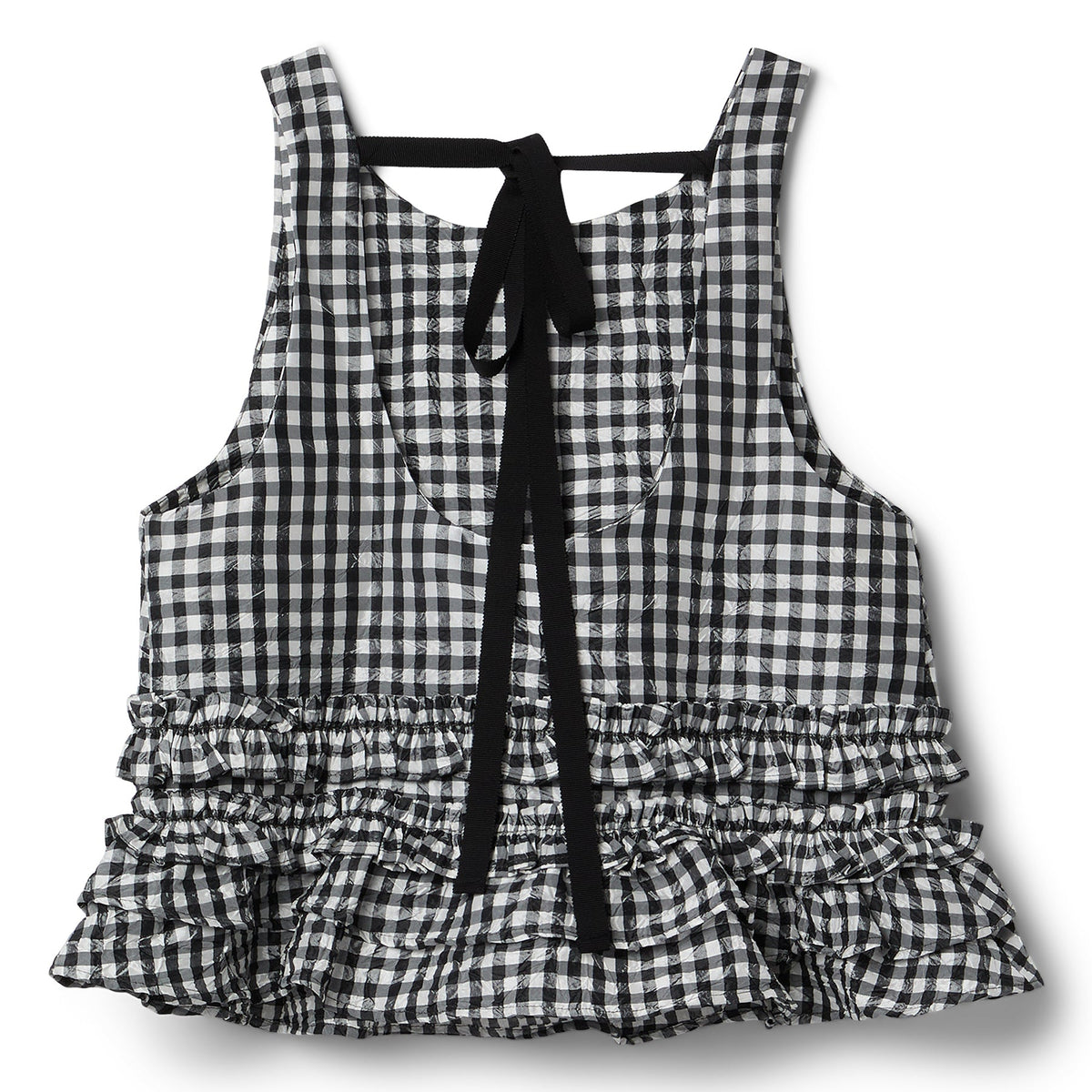 GANNI Crinkled Taffeta Check Open Back Frill Top (Black)